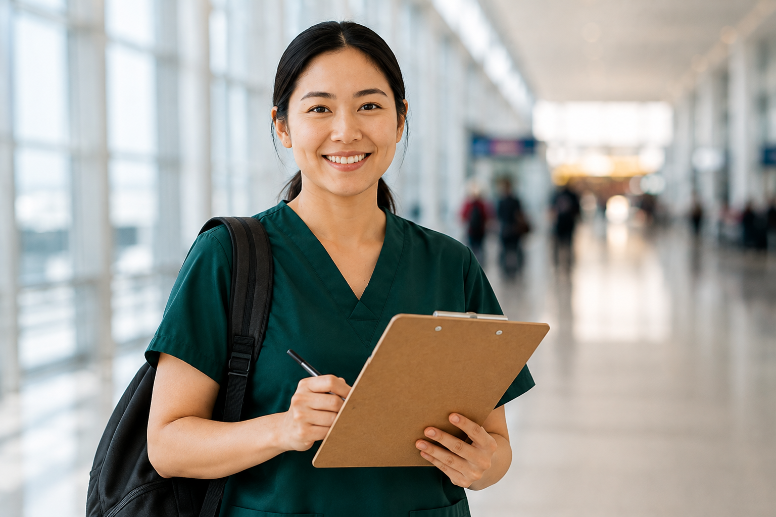 Caregiver holding a clipboard in a bright hallway